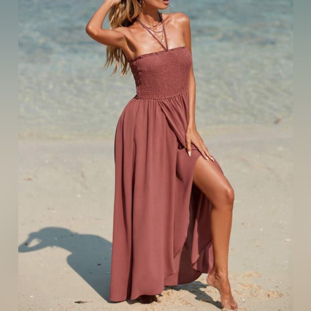 Shein Vcay Solid Shirred Split Thigh Cami Dress - image 1